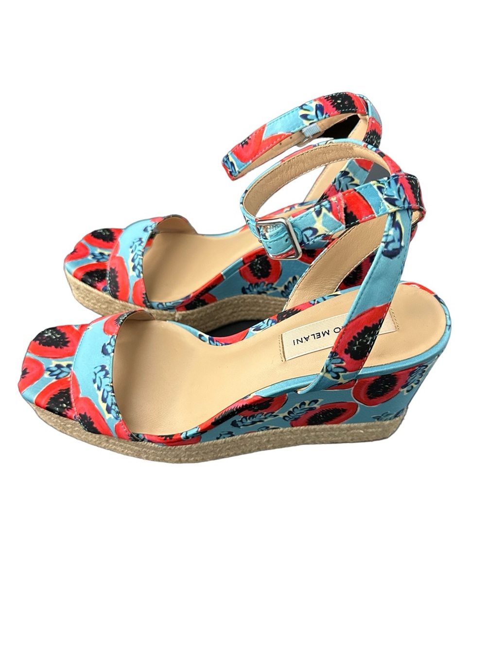 ANTONIO MELANI Turquoise & Red Floral Ankle-Strap Wedges